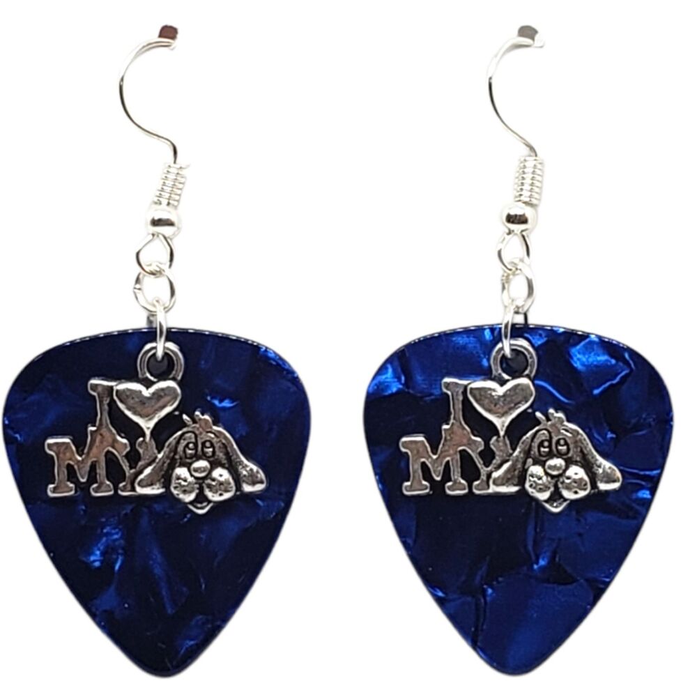 I Love My Dog Charm on Guitar Pick Earrings - Choose Color - Handmade in USA